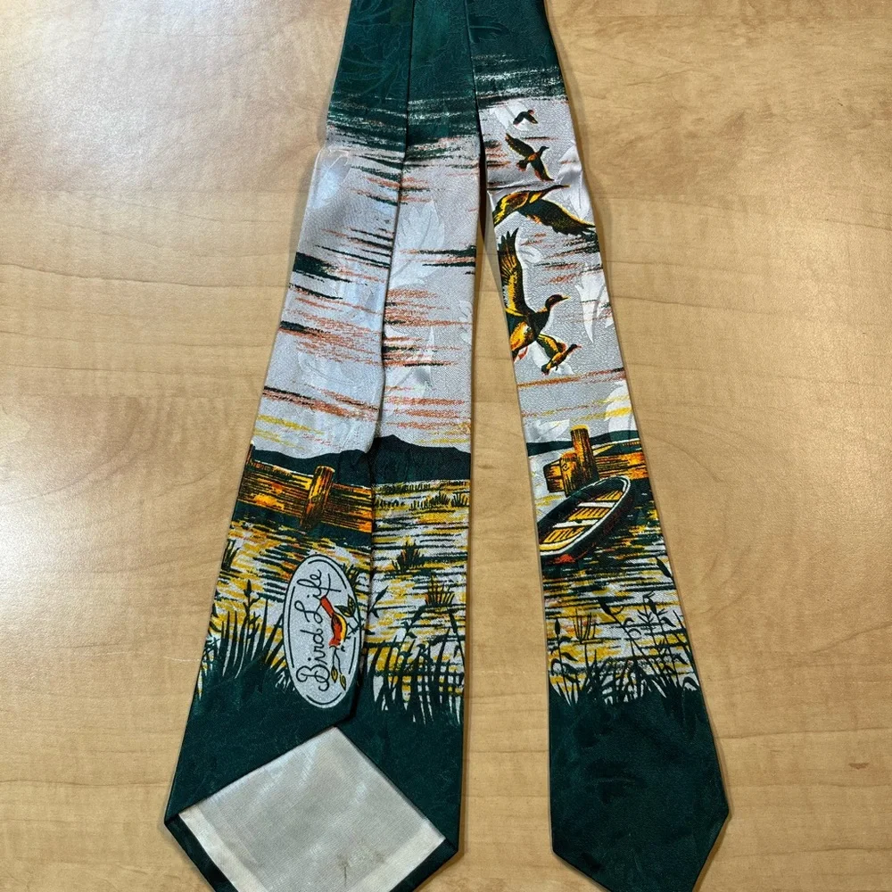 VTG Men's Bird Duck Lake Boat Nature Novelty Print Necktie Bird Life